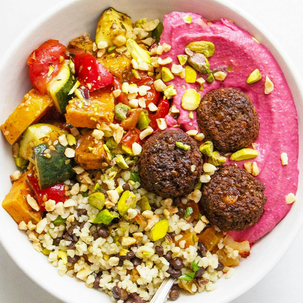 Rainbow falafel mezze on plate