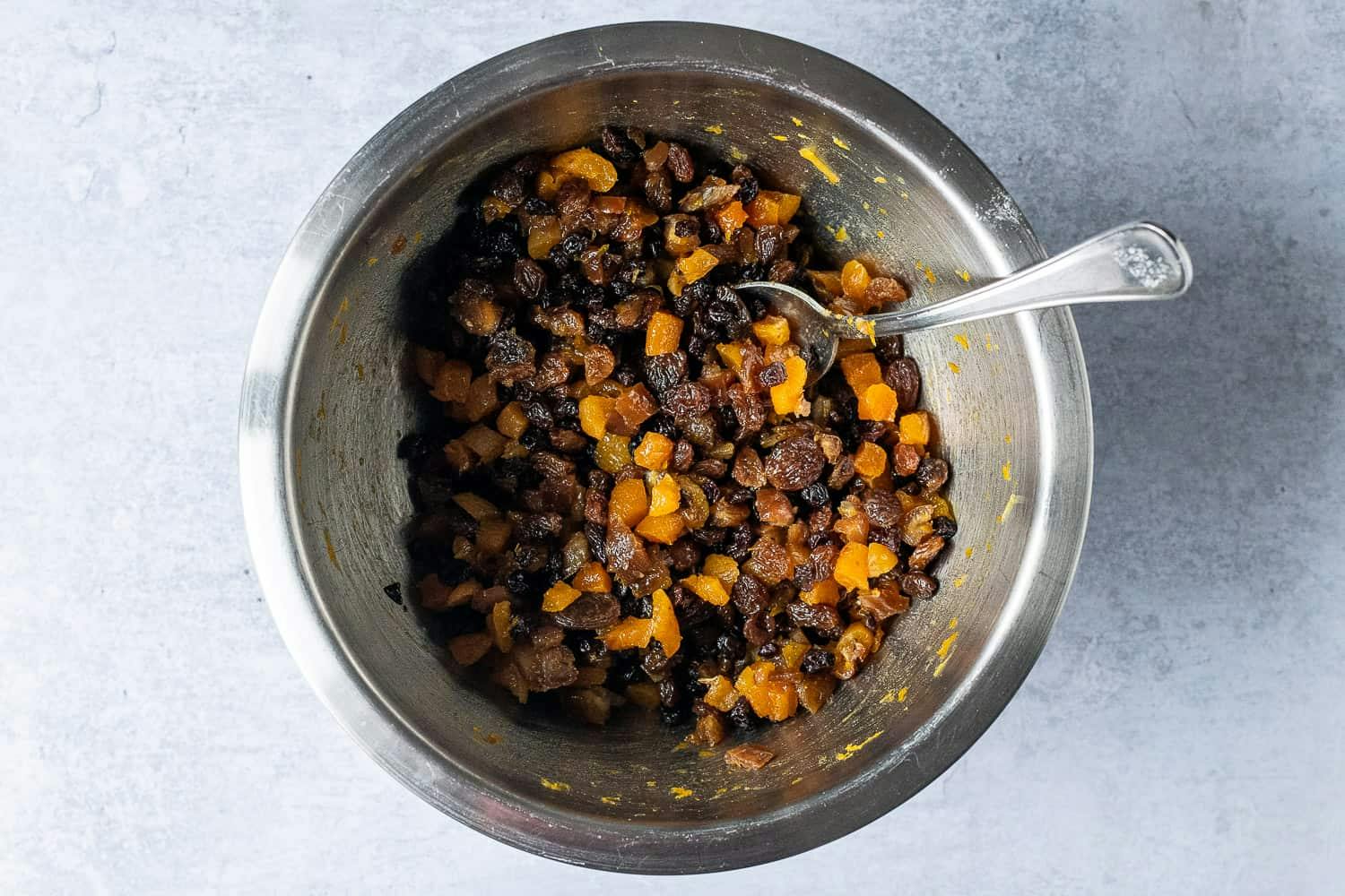 a mixing bowl of dried fruit