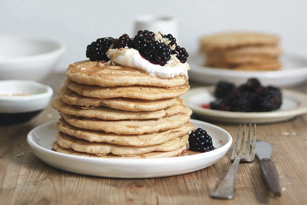 stack of fluffy vegan pancakes 