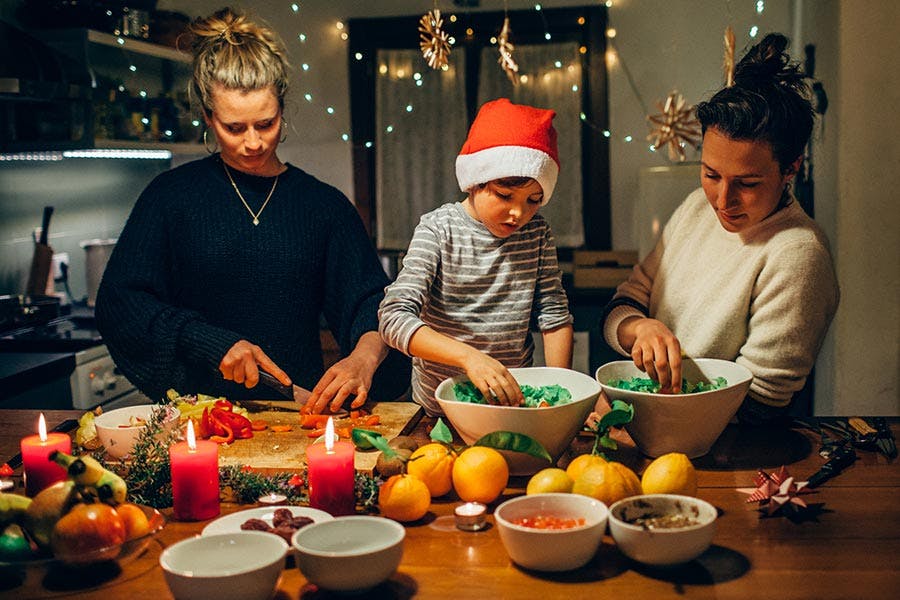 family making vegan christmas dinner