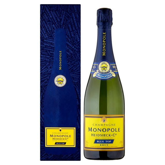 bottle of champagne on white background with blue box