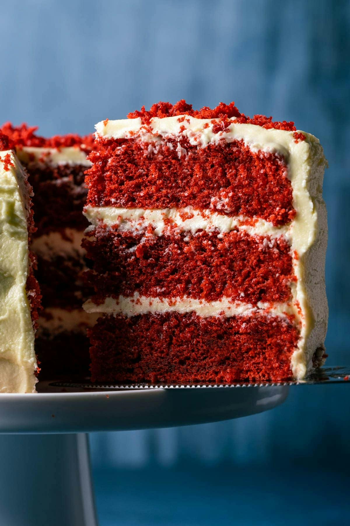 slice of vegan red velvet cake
