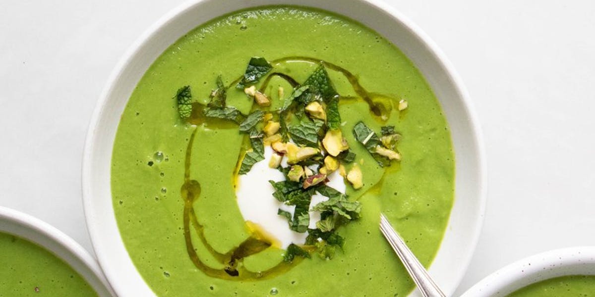 pea soup in a white bowl with soup