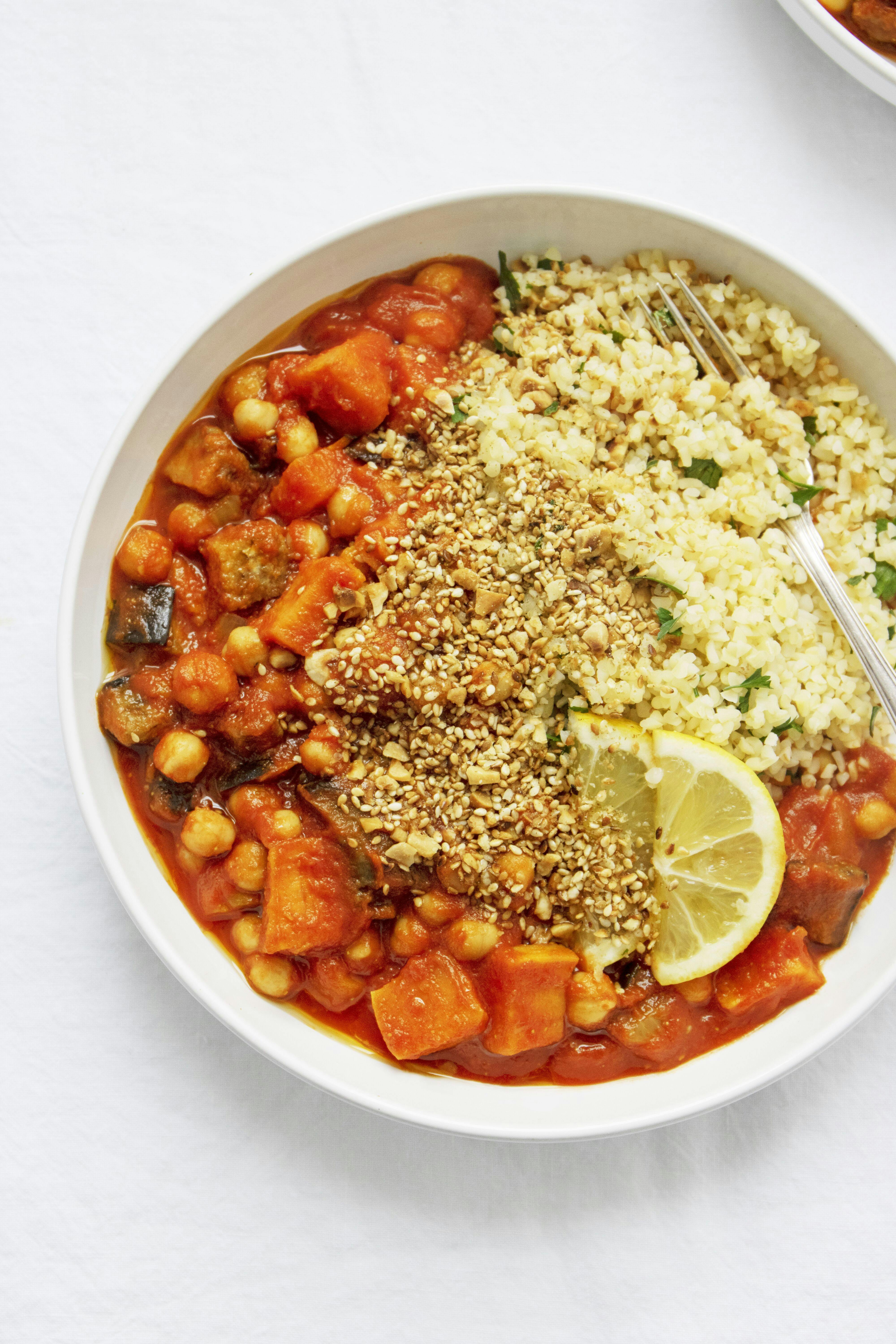 aubergine tagin in white bowl