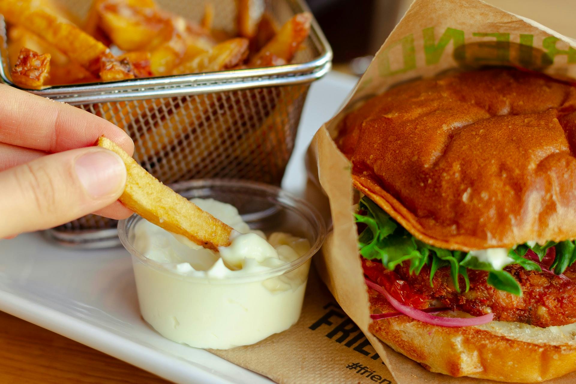 vegan burger and chips 