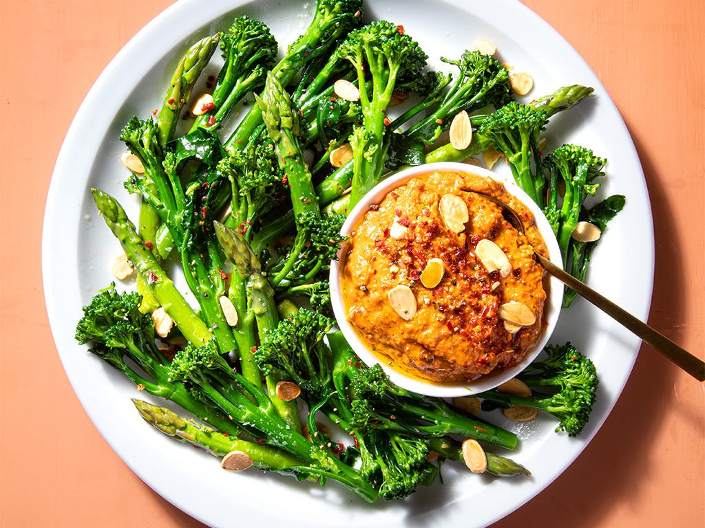 romesco suace and broccoli