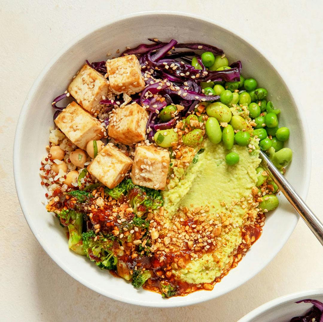 bowl of edemame, tofu and veg
