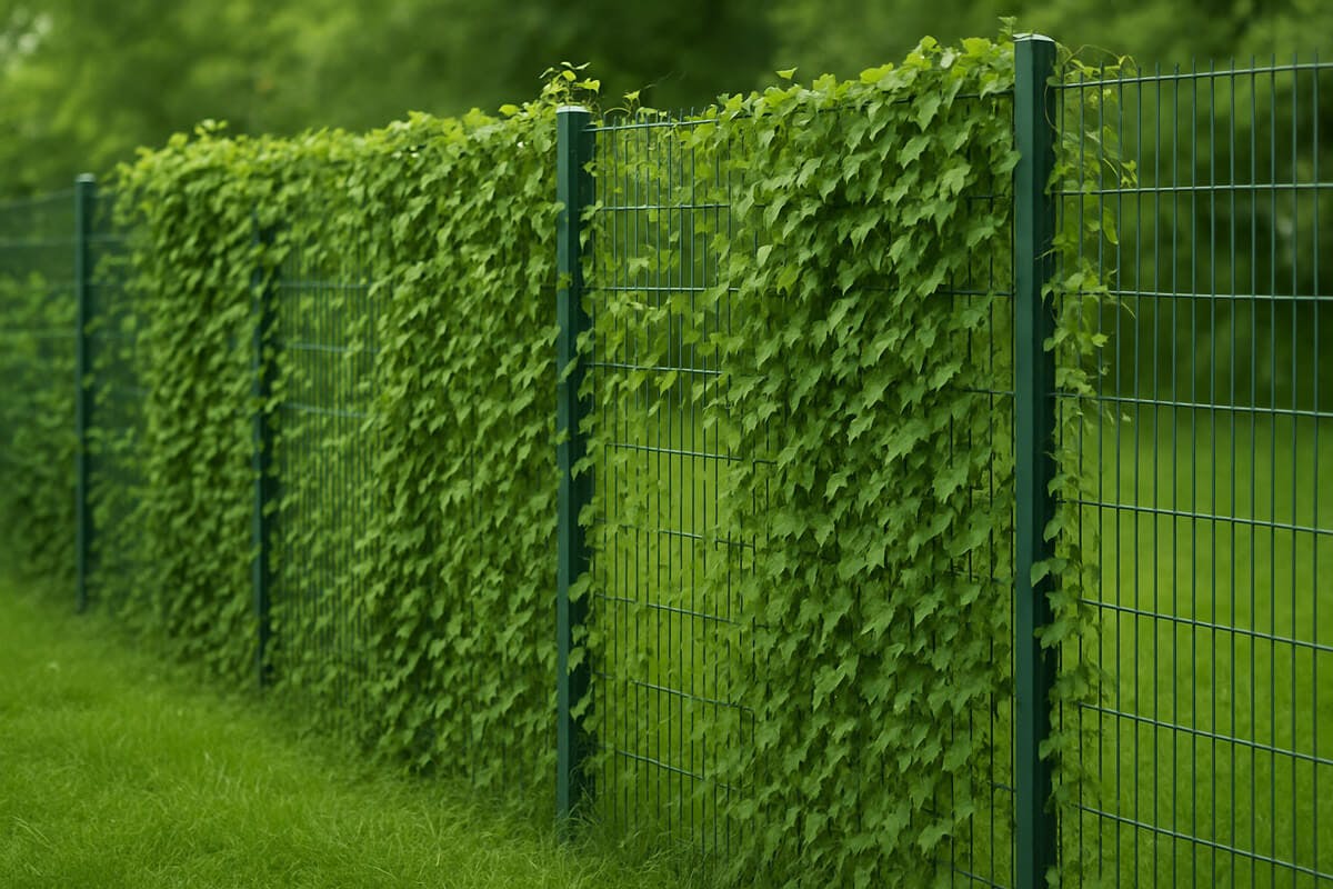 Dubbel gaashekwerk bedekt met klimplanten aan de buitenkant