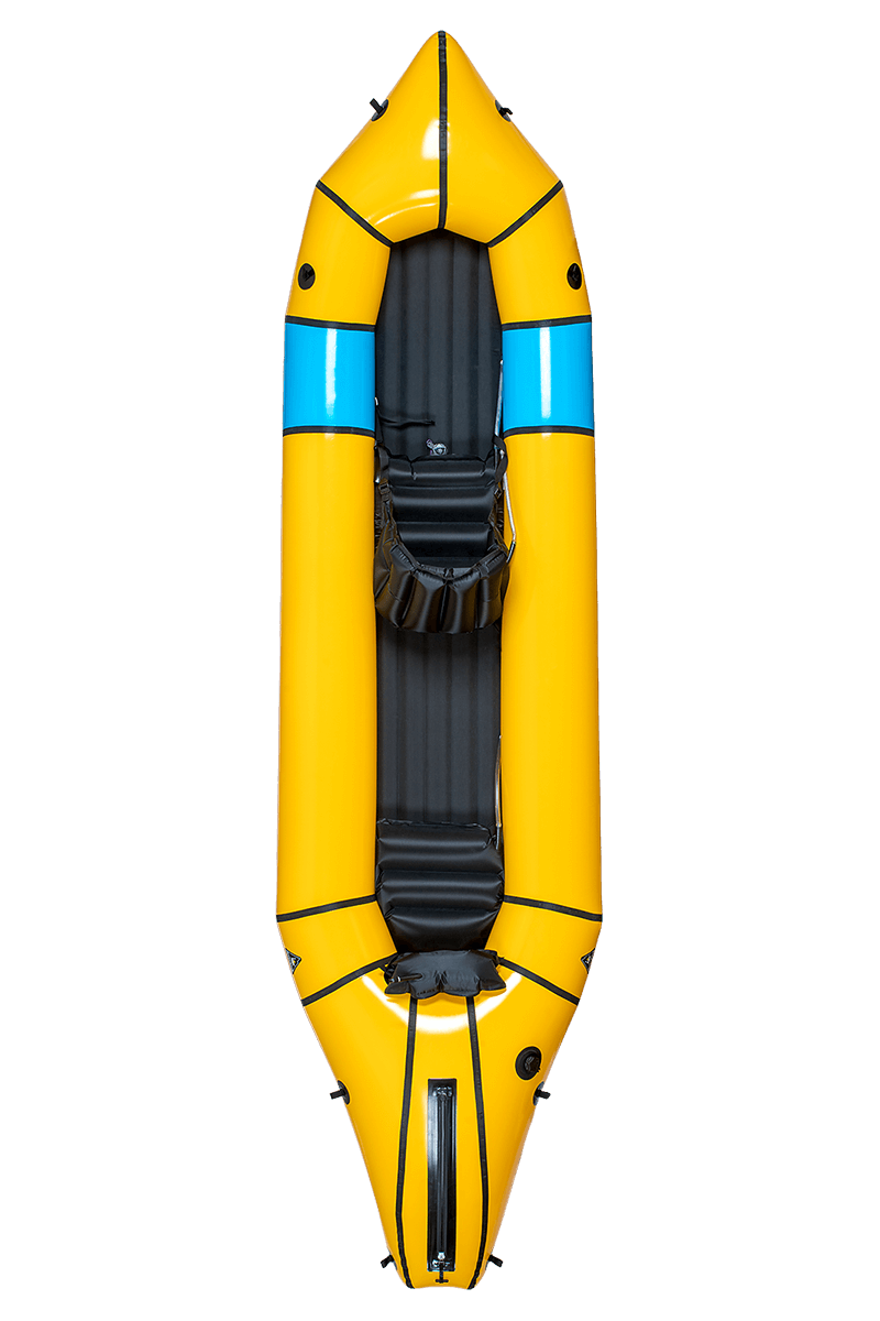 Yellow and arctic blue Tango packraft with cargo fly zipper.