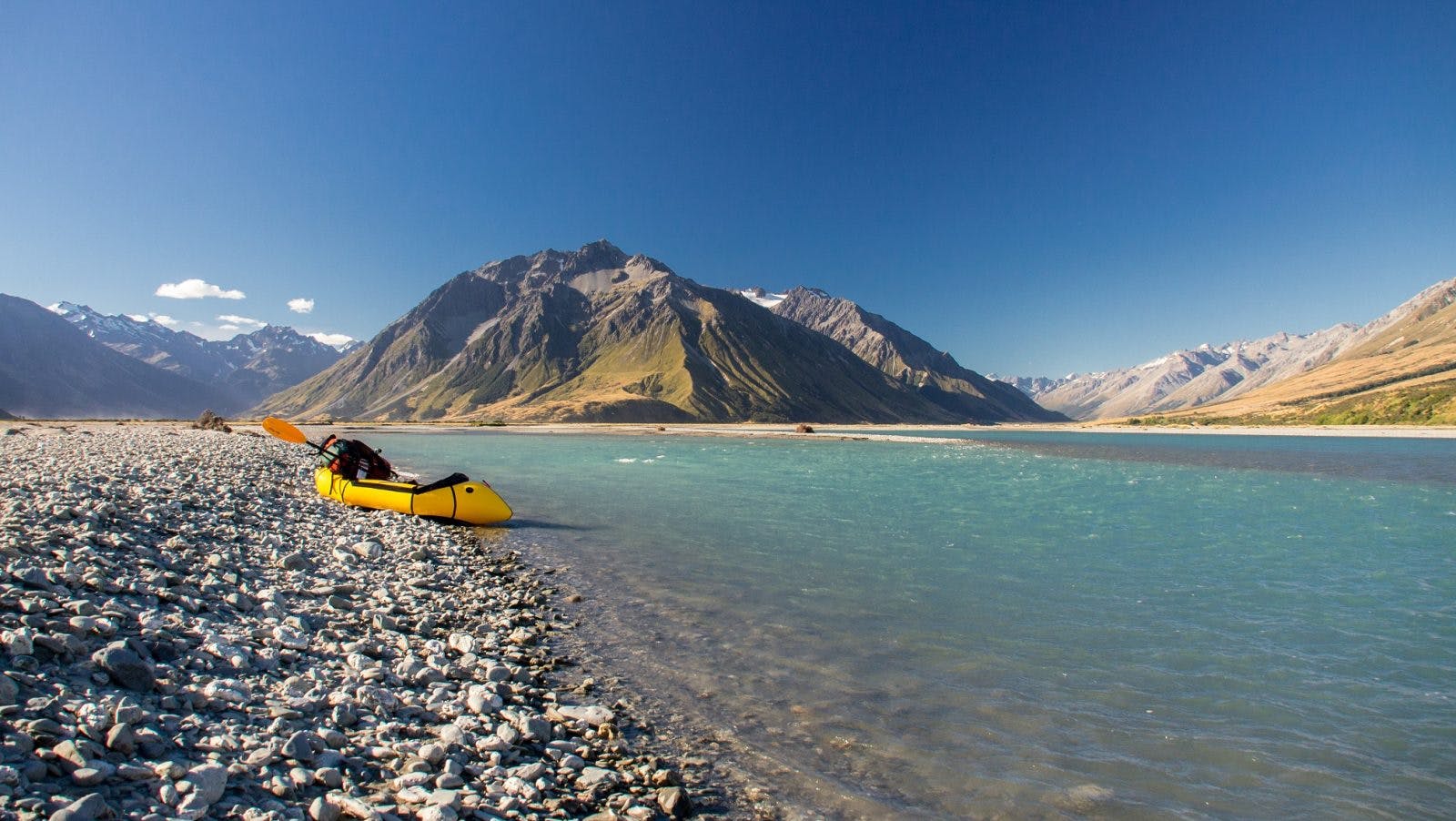 Taking out near the Dobson-Harper river confluence after a perfect day crossing the mountains from Lake Pukaki and paddling down the Dobson; NZ South Island Traverse