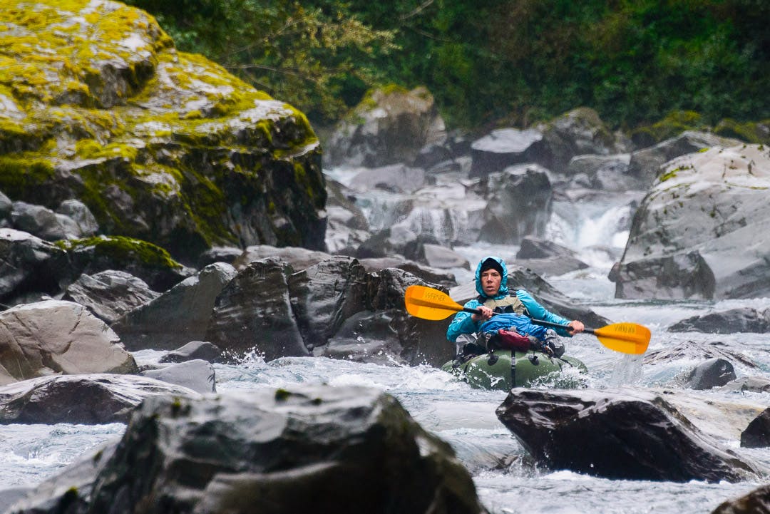 Emma Johnson in the crux rapid below the &#xBC; mile portage around class V Kilkenny Creek rapid.