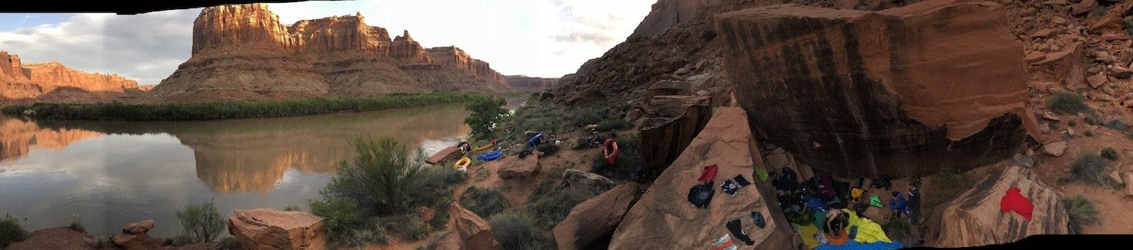 Pano of the first night&#x2019;s campsite. The boys nested up along the rocks.
