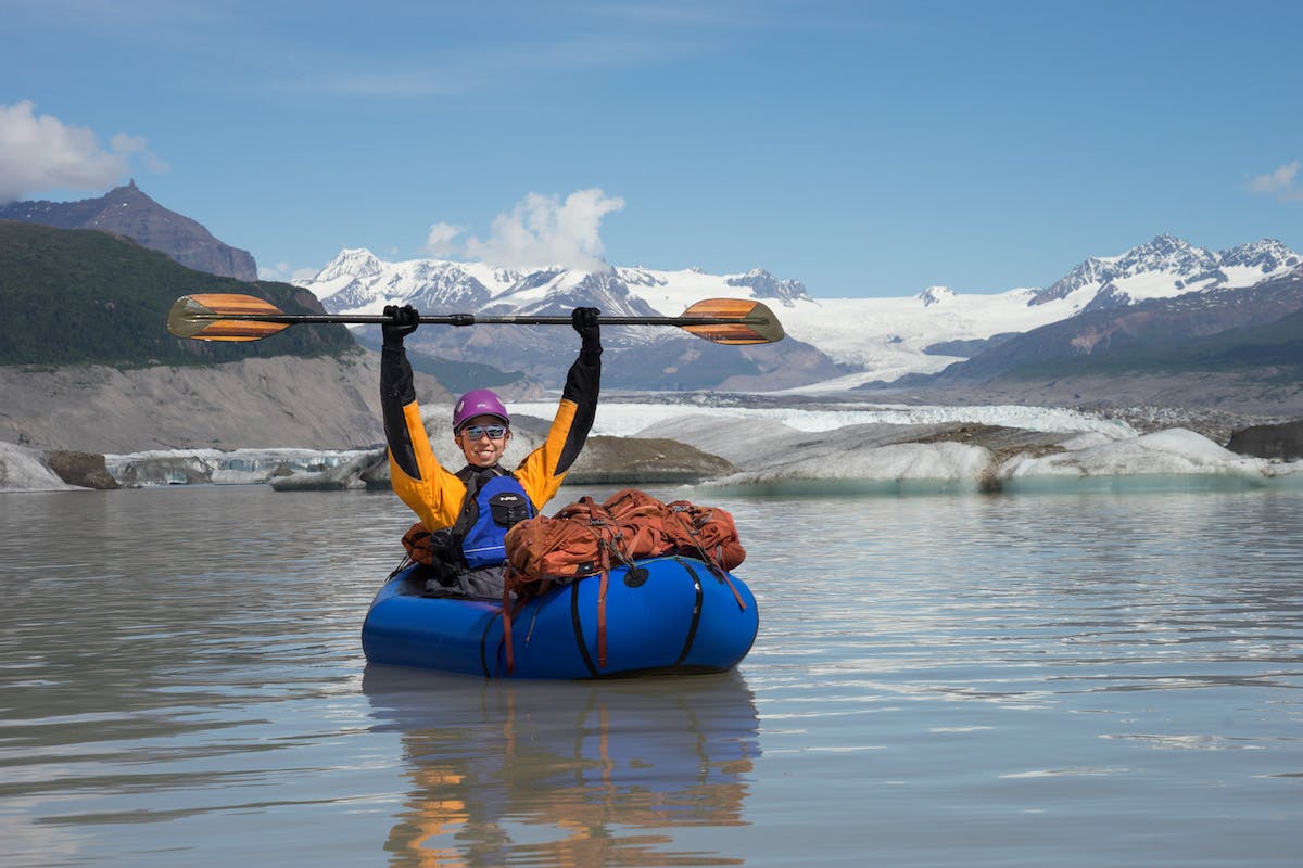Paddling away from Chimney Mountain, the Nizina Glacier, and the Icefields of Wrangell-St. Elias NP.