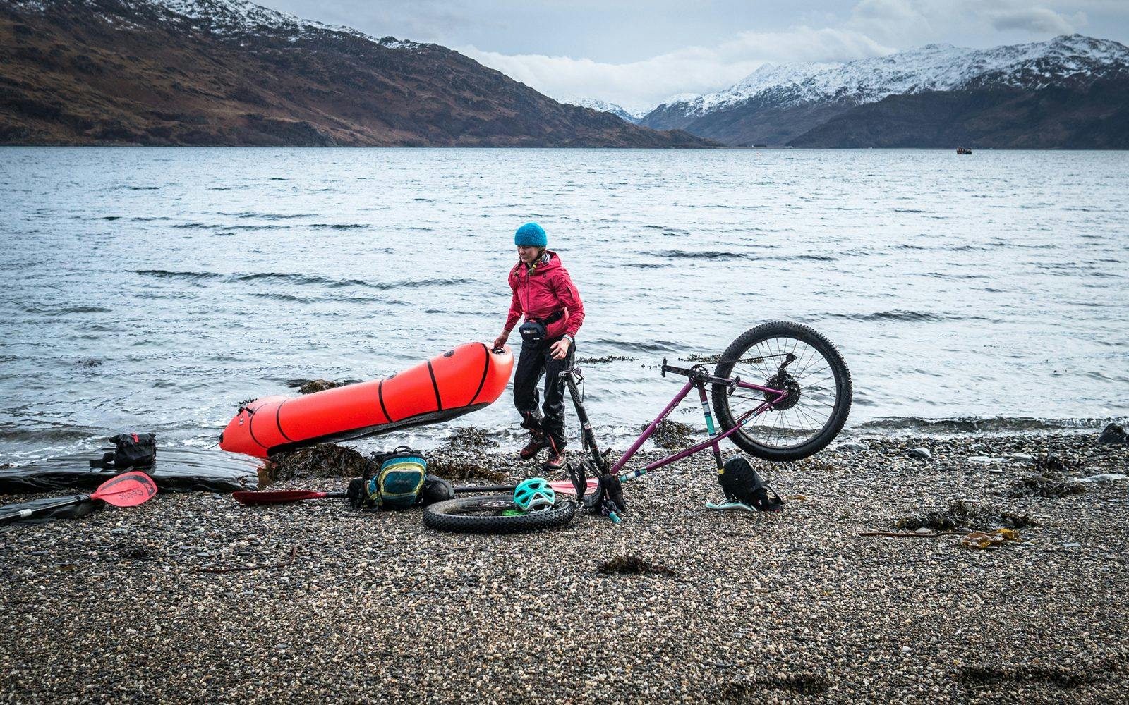 Annie Lloyd-Evans bikerafting across Scotland. Photo: Huw Oliver.