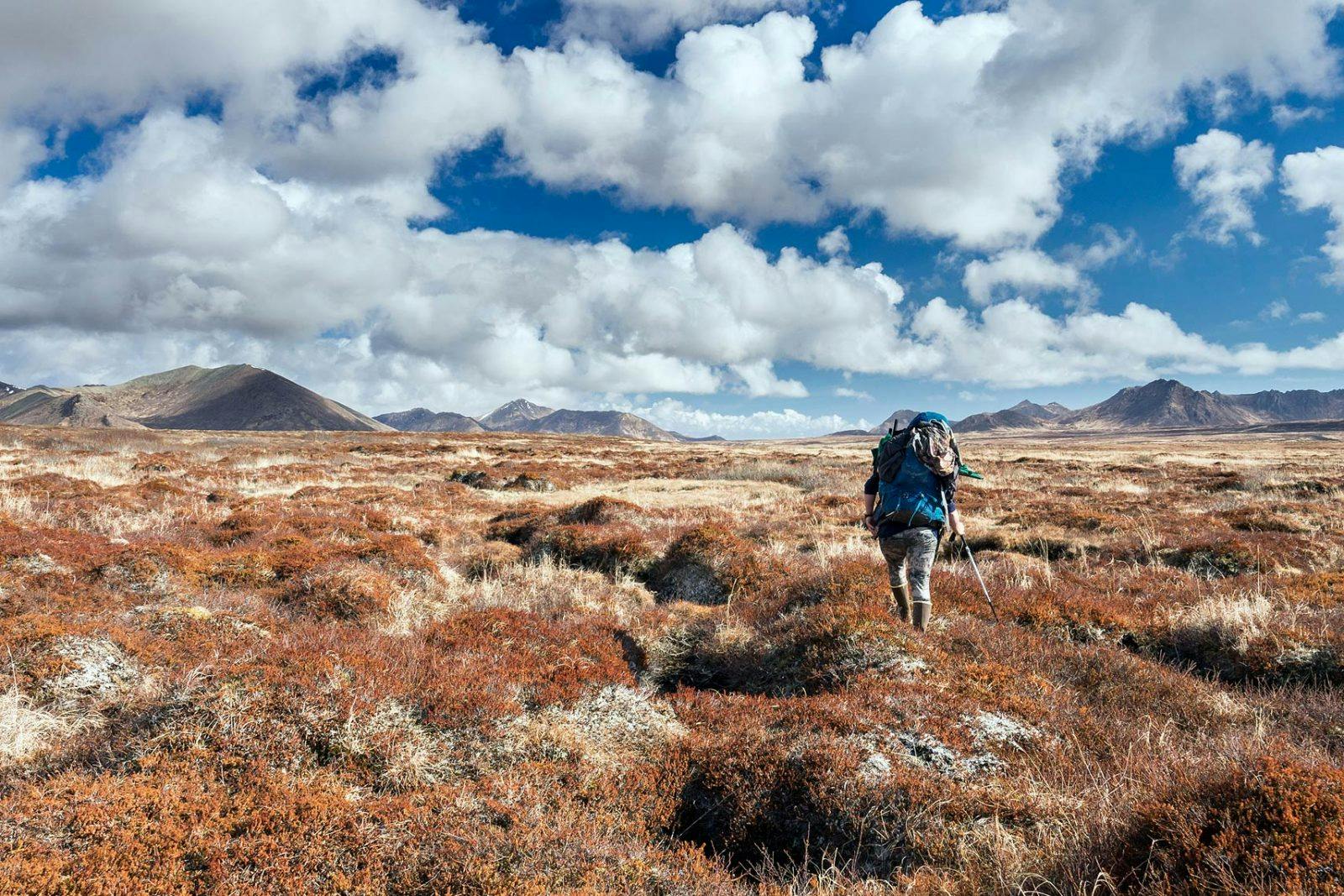 Bjorn Dihle traverses the tundra across a broad valley after 10-hours of hiking along the western edge of Kodiak Island near the convergence of Shelikof Strait and the Pacific Ocean.&#xA0; Dihle, a lifelong Alaskan, is an experienced trekker, bear guide, and writer.