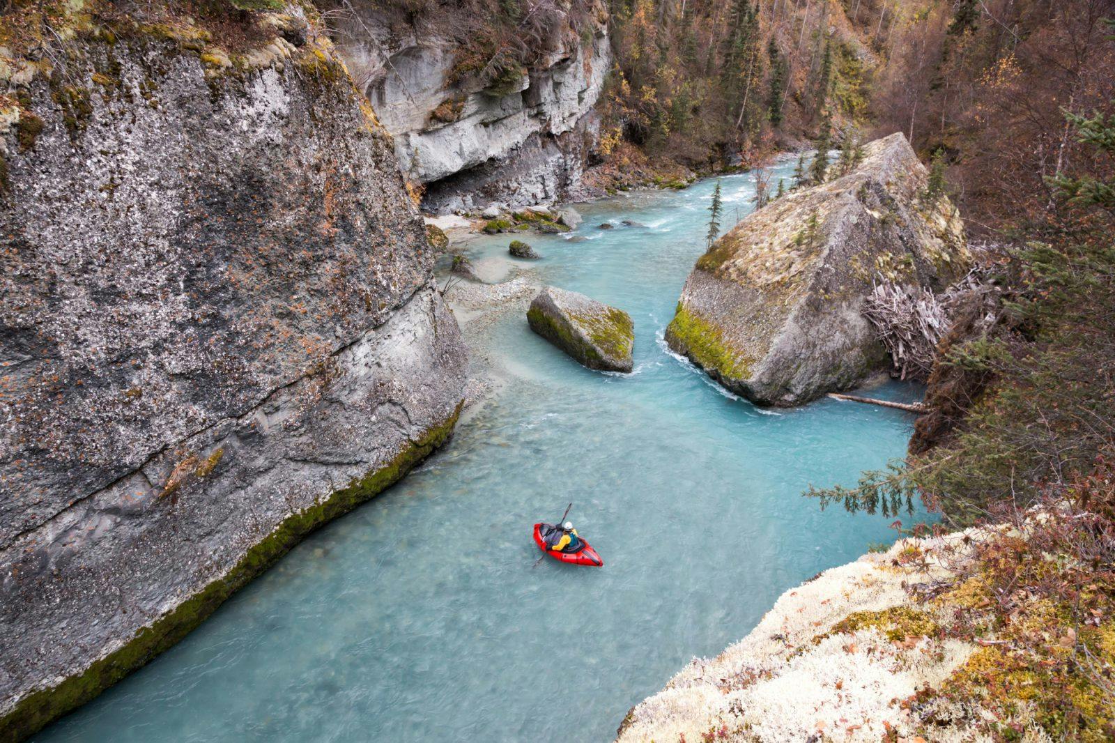 Sarah packrafting on the Chickaloon. Photo by Luc Mehl.