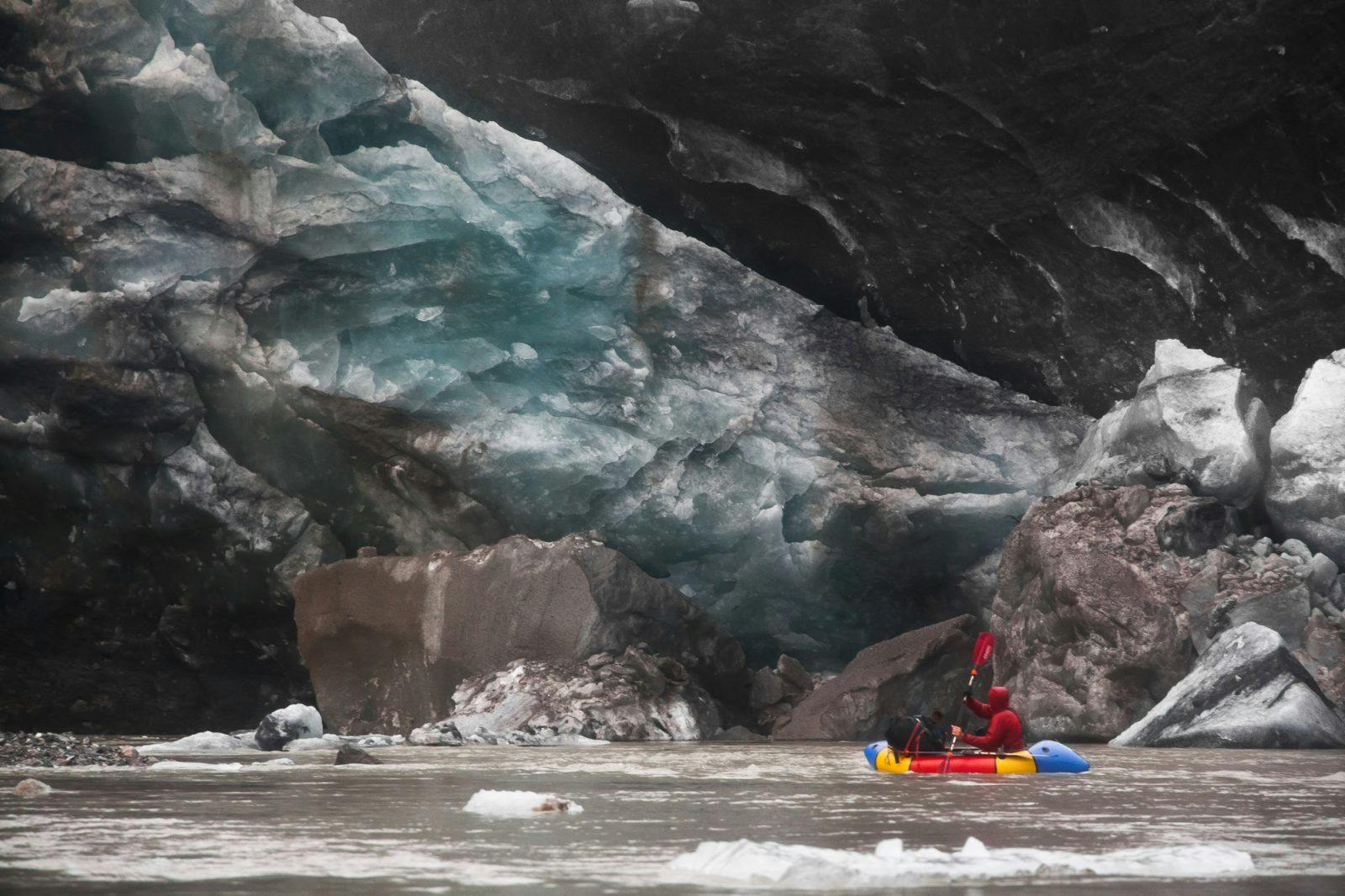 Luc Mehl paddling in the ice. Photo by Graham Kraft.