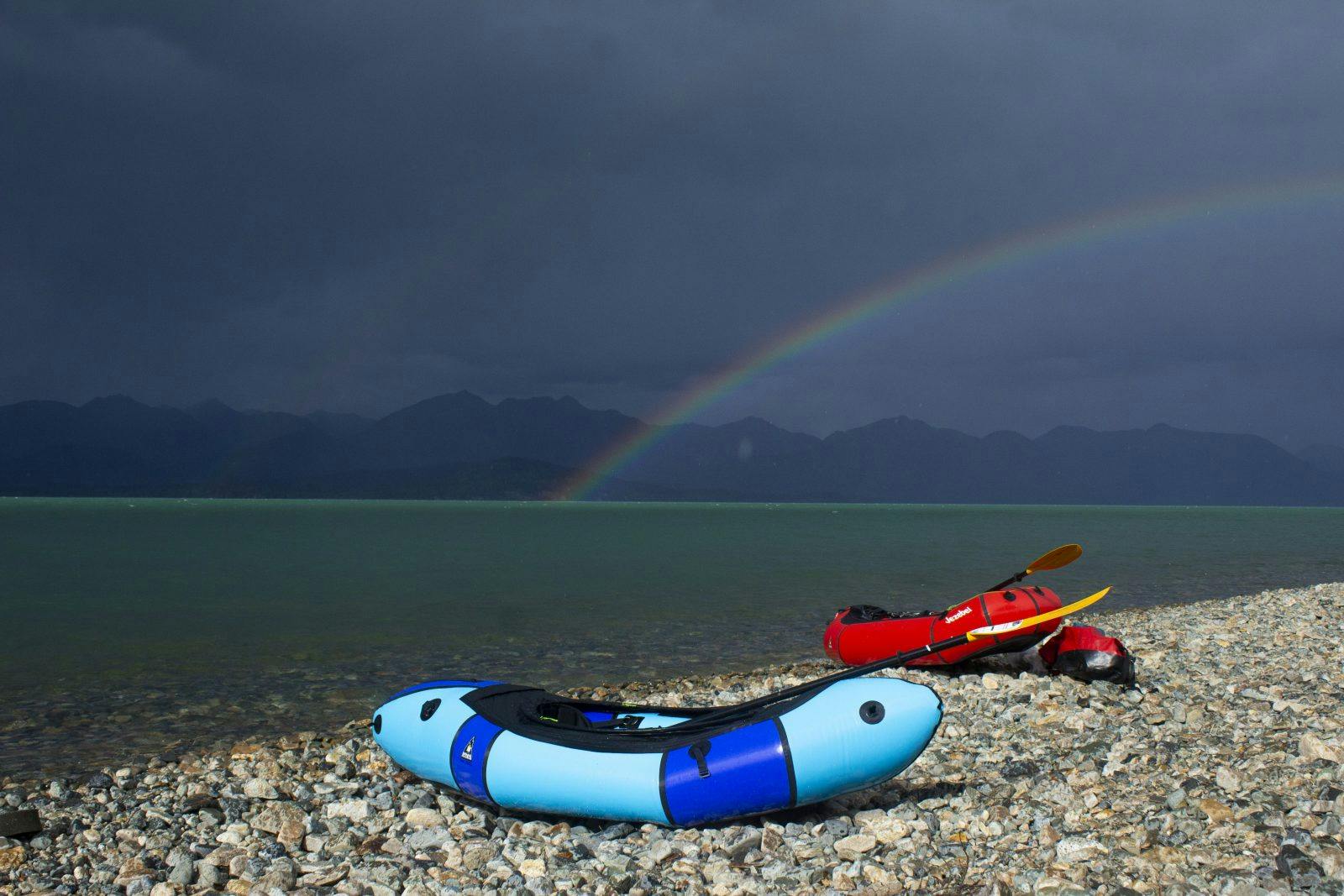 My packraft (Louise) and Paul's packraft (Jezebel) soaking up the view over Lake Clark. Photo by: Sam Carter