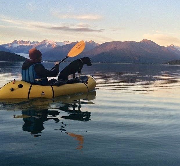 Deanne Huff: &#x201C;Ben and Tesla: Out for an evening ocean paddle from our home on Douglas Island, Alaska. Mendenhall Glacier is in the background.&#x201D;