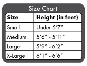 Alpacka Raft Size Chart: Small - Under 5'7", Medium -  5'6" - 5'11", Large - 5'9" - 6'2", X-Large - 6'1" - 6'6"