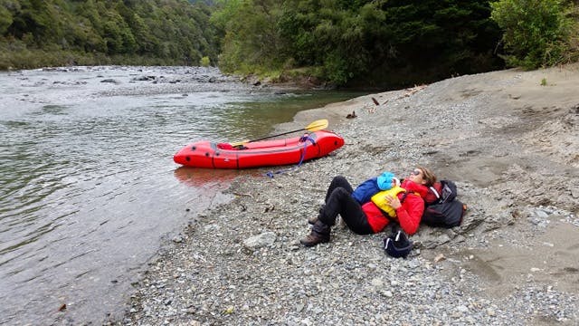 Michaela and Maya Crockford take a sleep break on multiday Pelourus, New Zealand, trip with the Gnu.