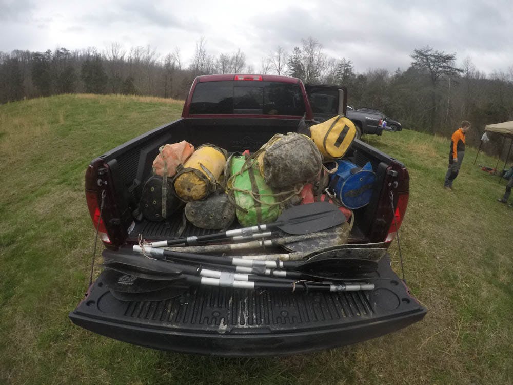 Packrafts, paddles, and personal gear for seven people.