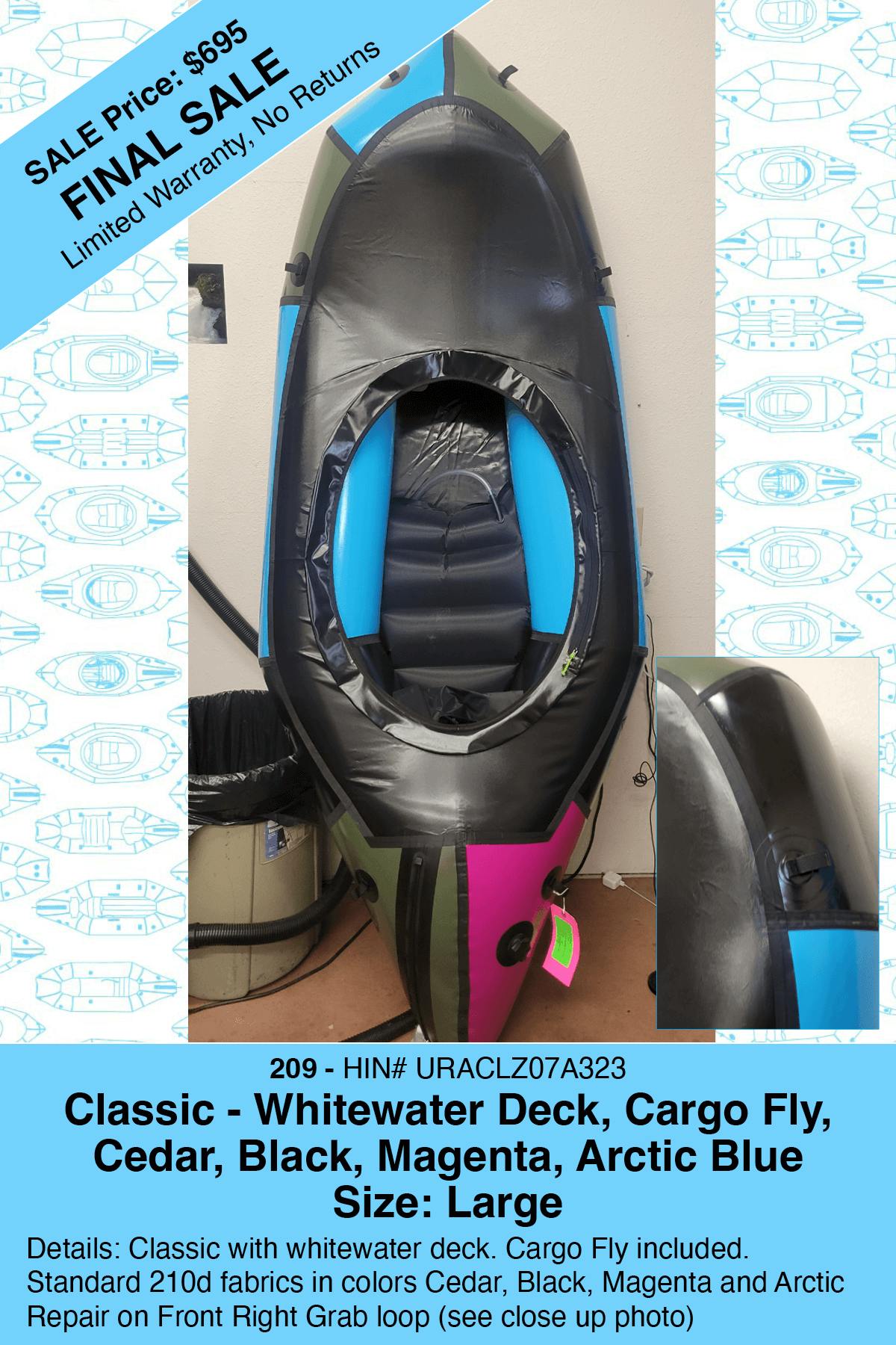 Large Classic with whitewater deck, cargo fly, standard 210d fabric, in cedar, black magenta and arctic blue