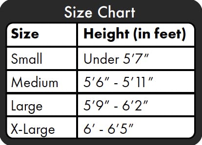 Packraft Size Chart: Small - Under 5'7", Medium 5'6"-5'11", Large 5'9"-6'2", X-Large 6'-5'5"