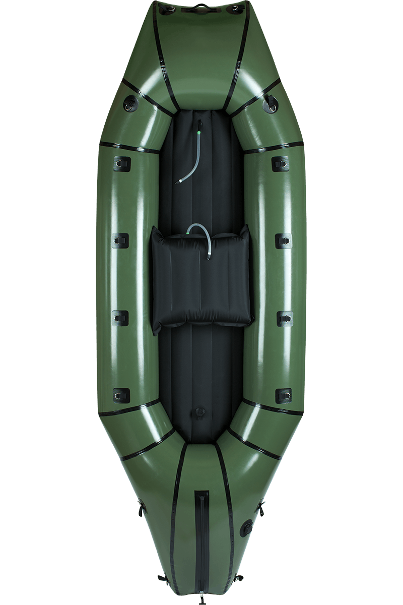 Cedar green Forager packraft with front passenger seat.