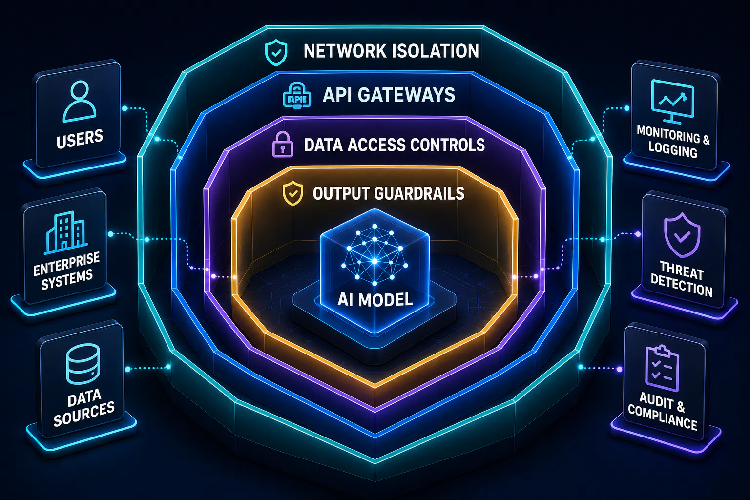 Diagram of concentric security layers for AI model
