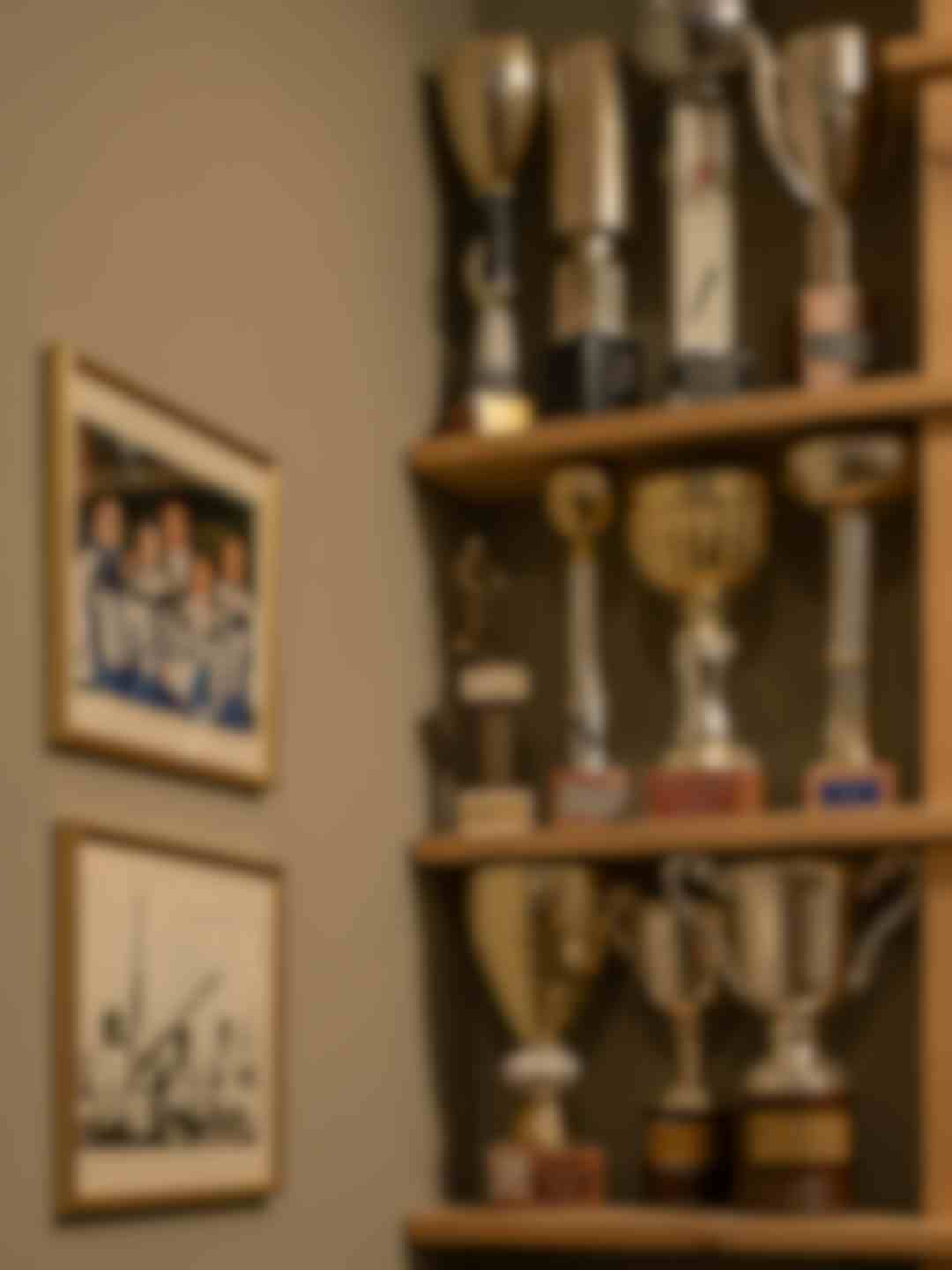 Mensole con trofei sportivi d'argento e foto di famiglia incorniciate, ricordi storici dell'hotel