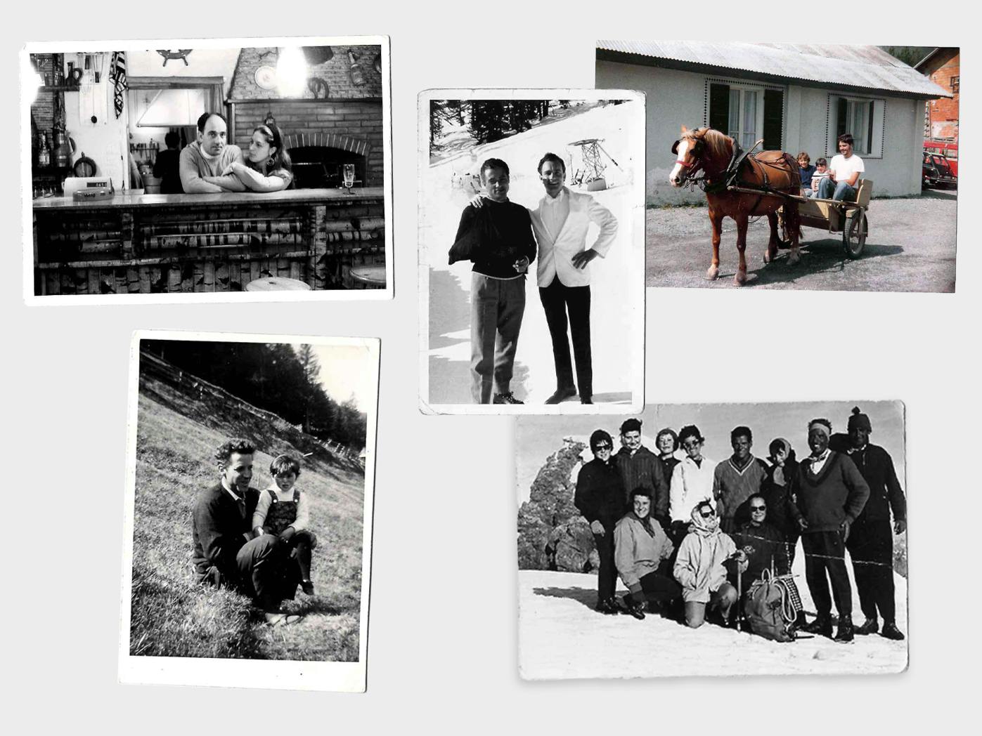 Collage di foto storiche in bianco e nero: coppia al bar, padre e figlio, carretto con cavallo, gruppi familiari