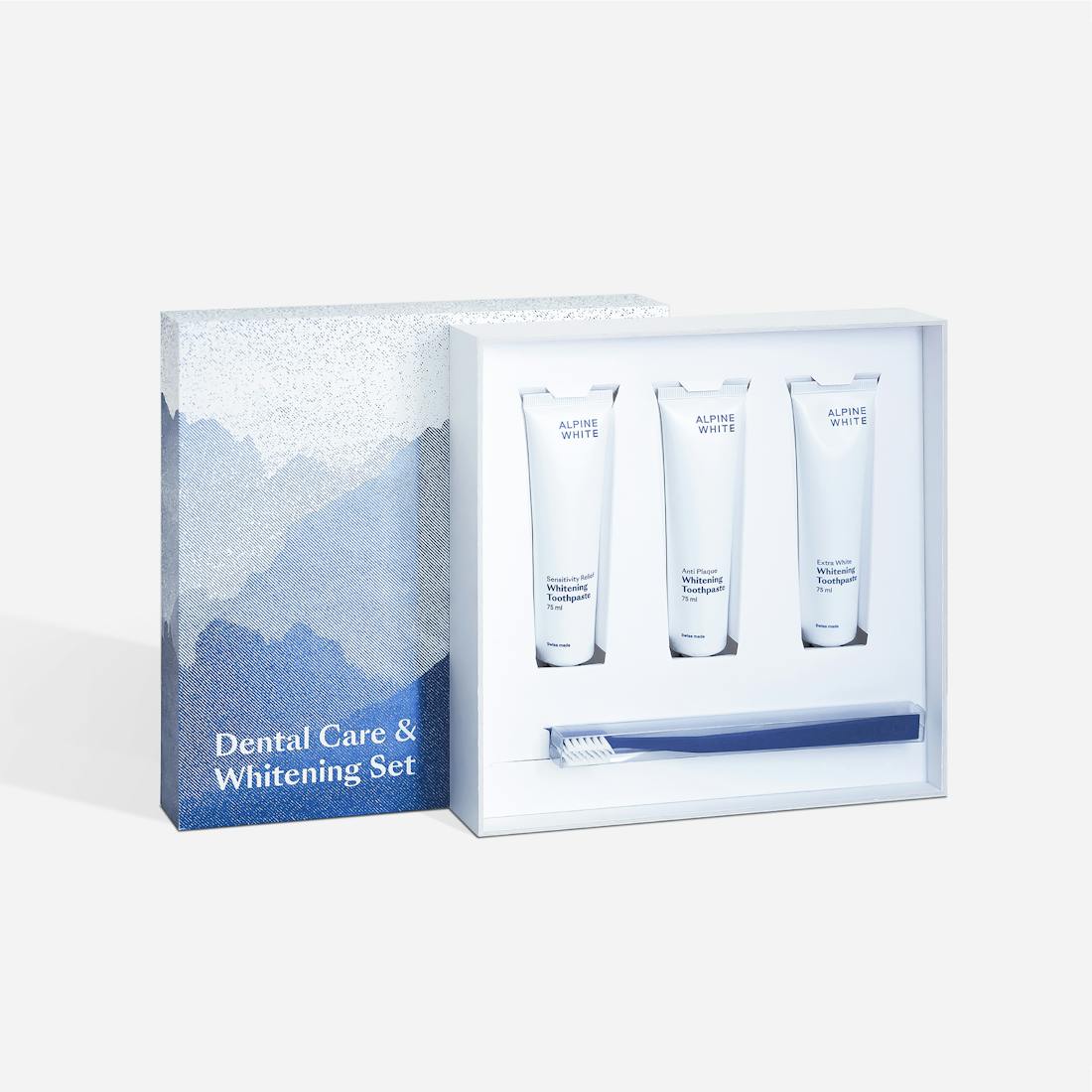 Coffret Cadeau Alpine White avec 3 dentifrices blanchissants (Extra White, Anti Plaque, Sensitivity Relief) et une brosse à dents durable. Idéal pour offrir un sourire sain et naturellement éclatant.