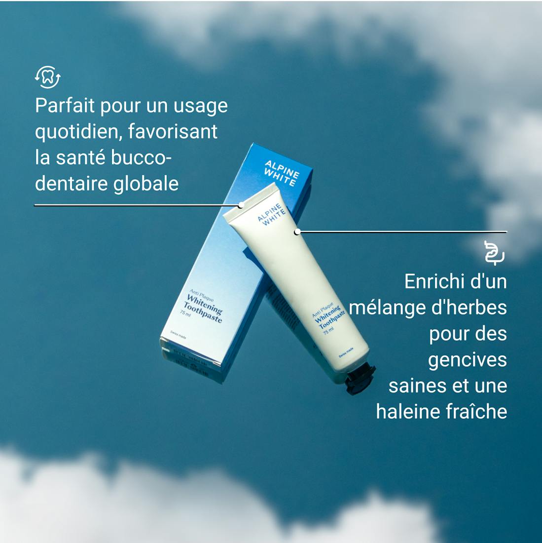 Dentifrice Blanchissant Anti-Plaque Alpine White, spécialement conçu pour éliminer efficacement la plaque dentaire tout en blanchissant vos dents en douceur. Formule suisse sans peroxyde, vegan, idéale pour un usage quotidien.