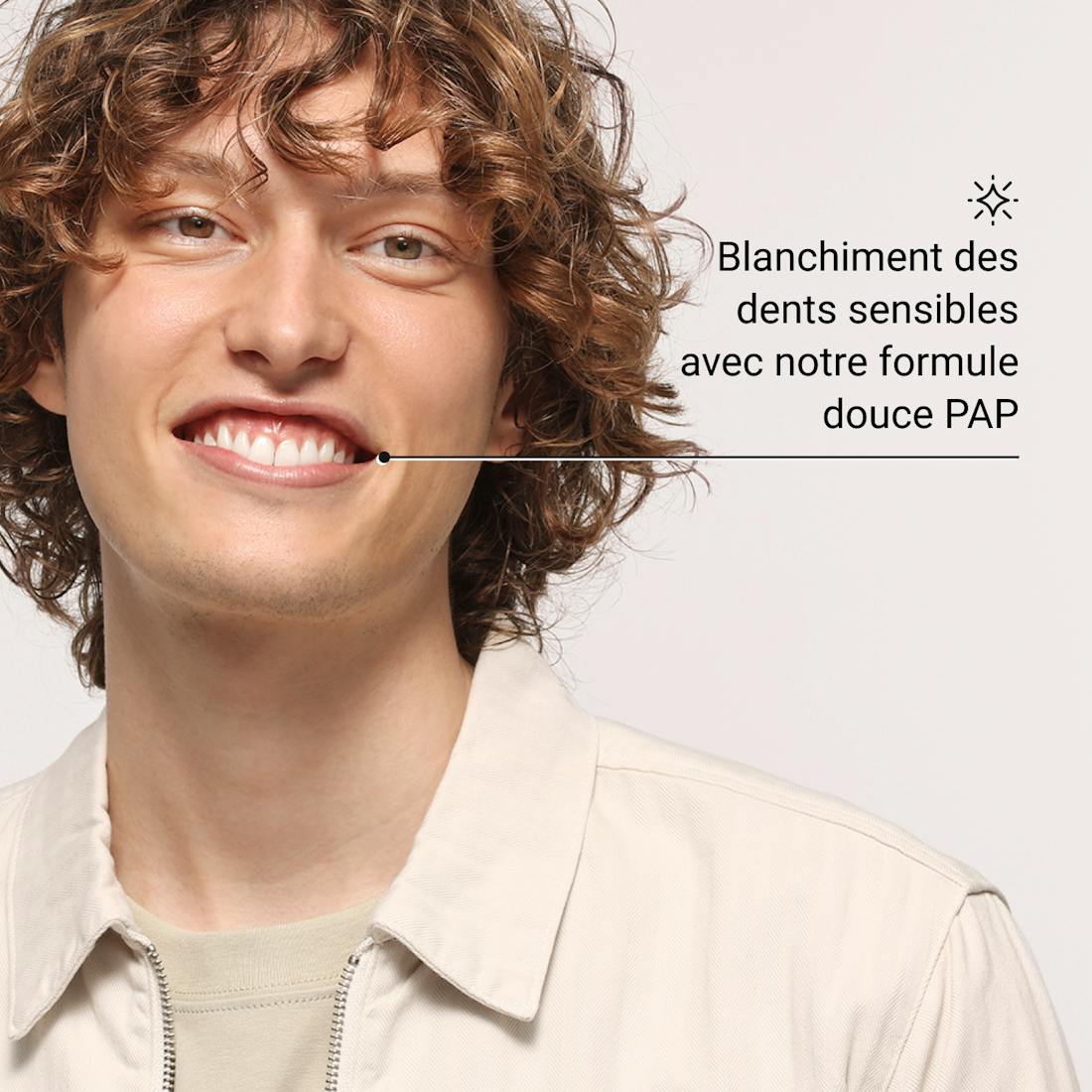 Dentifrice Blanchissant Sensitivity Relief Alpine White, spécialement conçu pour les dents sensibles. Blanchiment doux, soulagement durable de la sensibilité, formule suisse végane sans peroxyde.