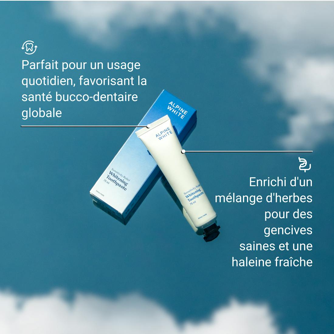 Dentifrice Blanchissant Sensitivity Relief Alpine White, spécialement conçu pour les dents sensibles. Blanchiment doux, soulagement durable de la sensibilité, formule suisse végane sans peroxyde.