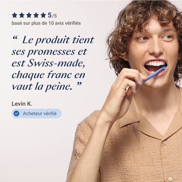 Dentifrice Blanchissant Sensitivity Relief Alpine White, spécialement conçu pour les dents sensibles. Blanchiment doux, soulagement durable de la sensibilité, formule suisse végane sans peroxyde.