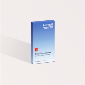 Fitas Clareadoras ALPINE WHITE para clareamento dental, com tecnologia suíça comprovada, ideais para clarear os dentes em casa, sem sensibilidade e com resultados visíveis em apenas 3 dias.