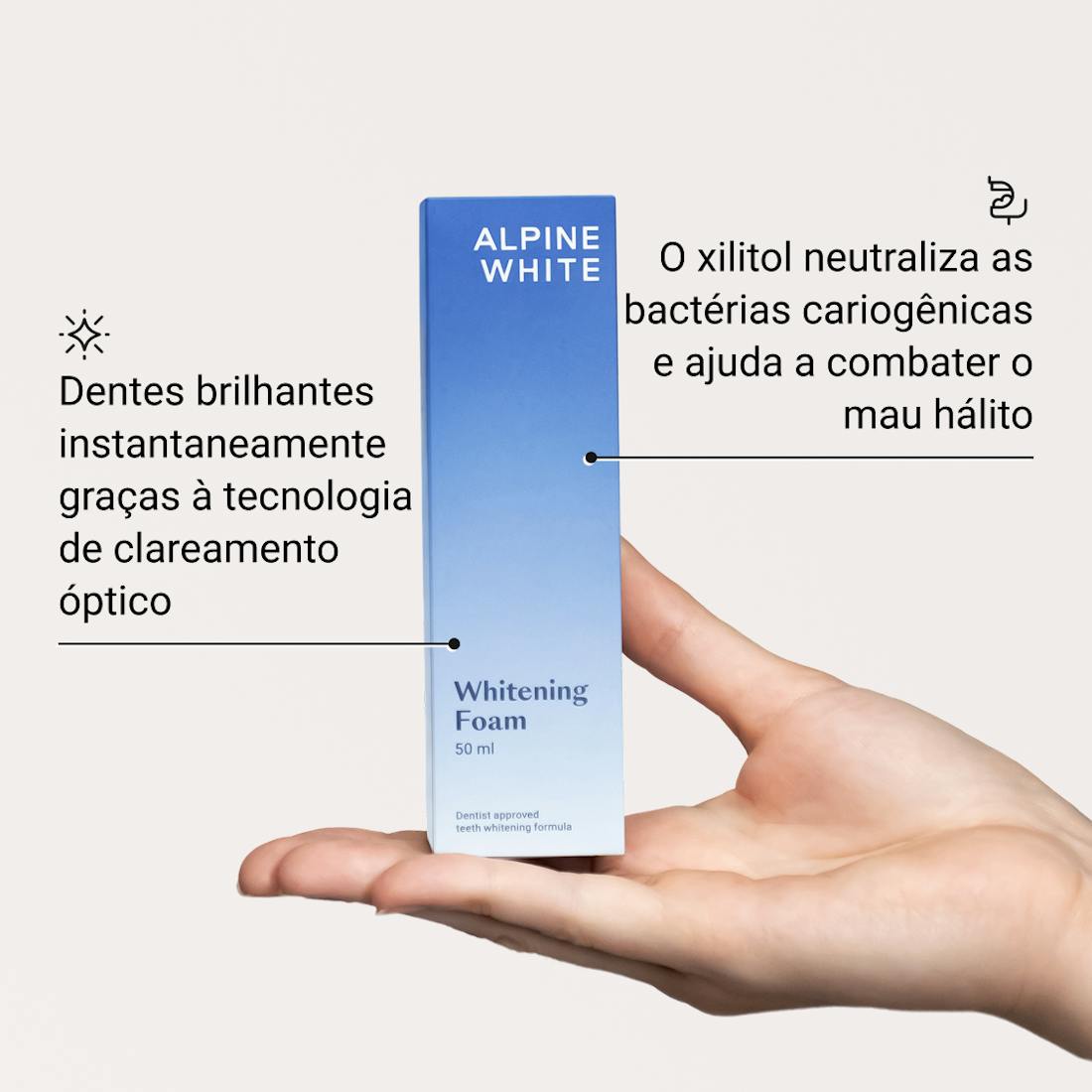 Espuma Clareadora ALPINE WHITE – clareamento dental imediato com efeito óptico instantâneo, proporcionando dentes mais brancos e hálito fresco em segundos. Fórmula suíça, vegana e cruelty-free.