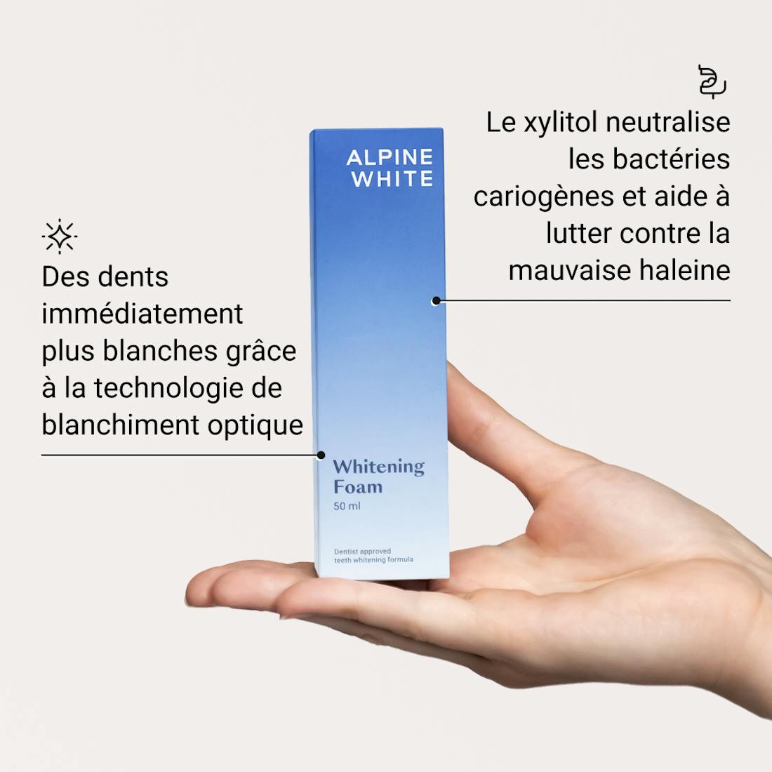 Mousse blanchissante 2-en-1 Alpine White, pour des dents visiblement plus blanches et une haleine fraîche immédiate. Formule suisse innovante, sans peroxyde, idéale à domicile ou en déplacement.