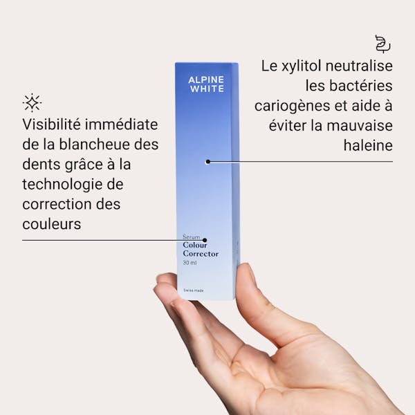 Sérum Correcteur de Couleur Alpine White, blanchiment instantané des dents en 2 minutes seulement. Formule suisse sans peroxyde, neutralise efficacement les nuances jaunâtres pour un sourire lumineux immédiat.