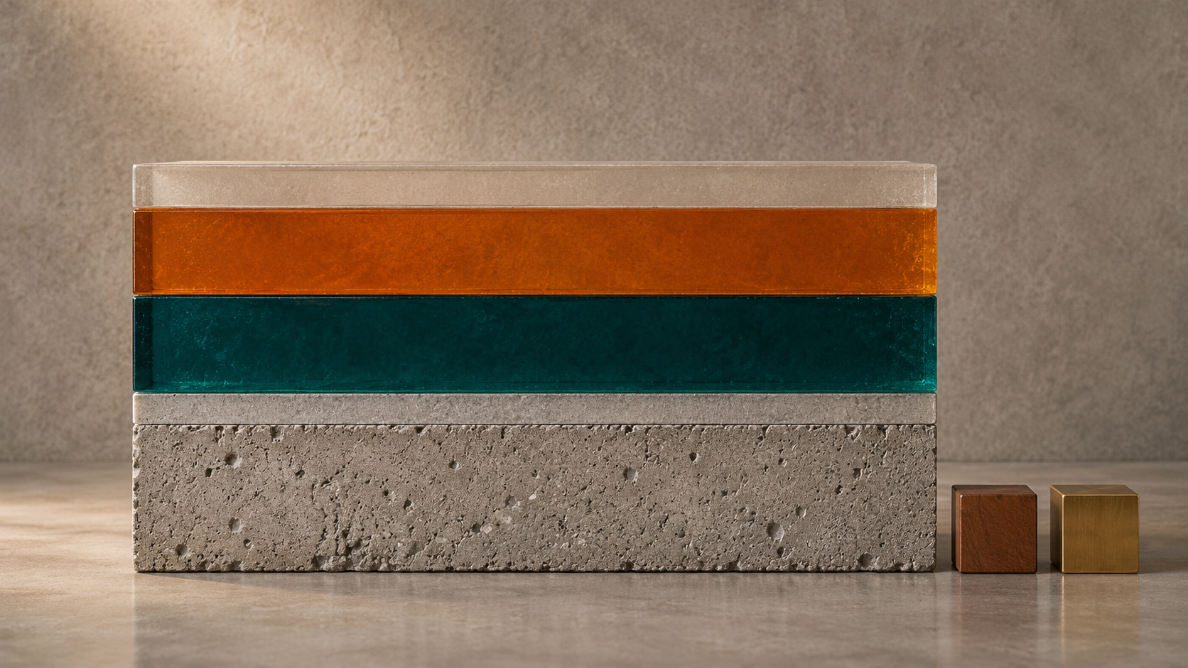 Stacked blocks representing the layers of a resin floor system, from concrete base to finished topcoat.