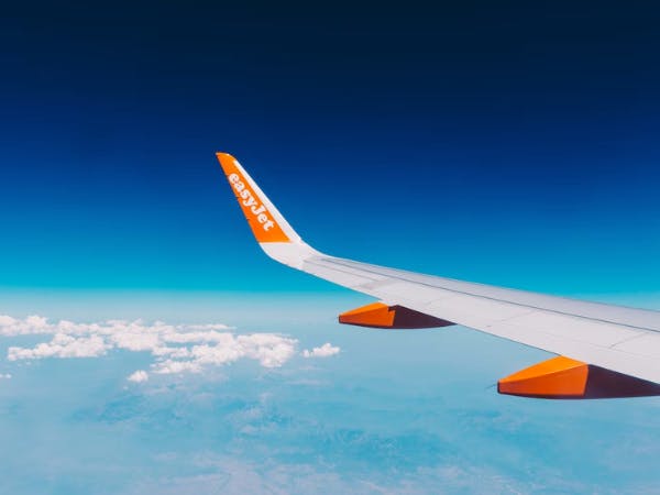 Easyjet aircraft wing above the clouds