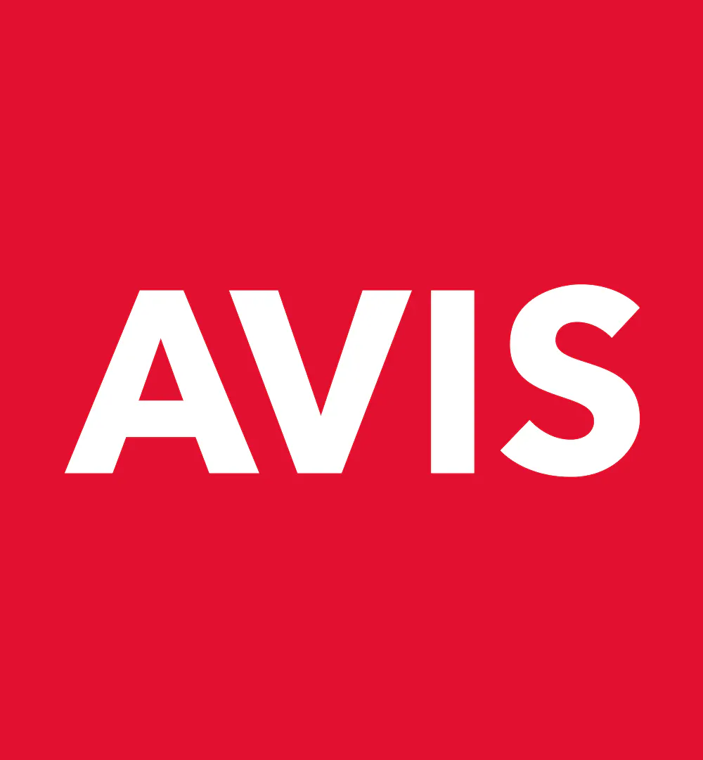 The white AVIS logo on a red square background