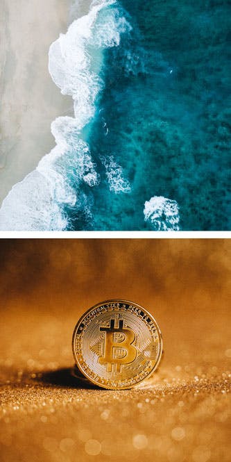 Images of bitcoin and a beach