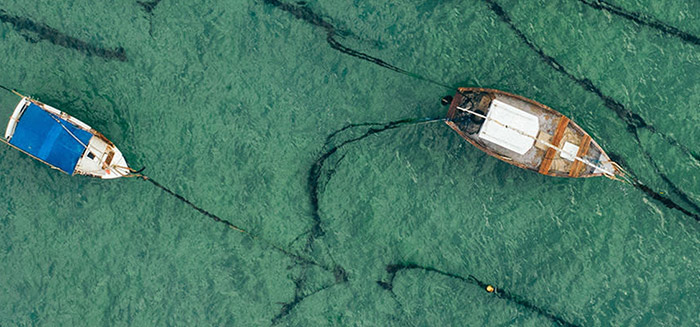 Birdseye view of boats in clear water