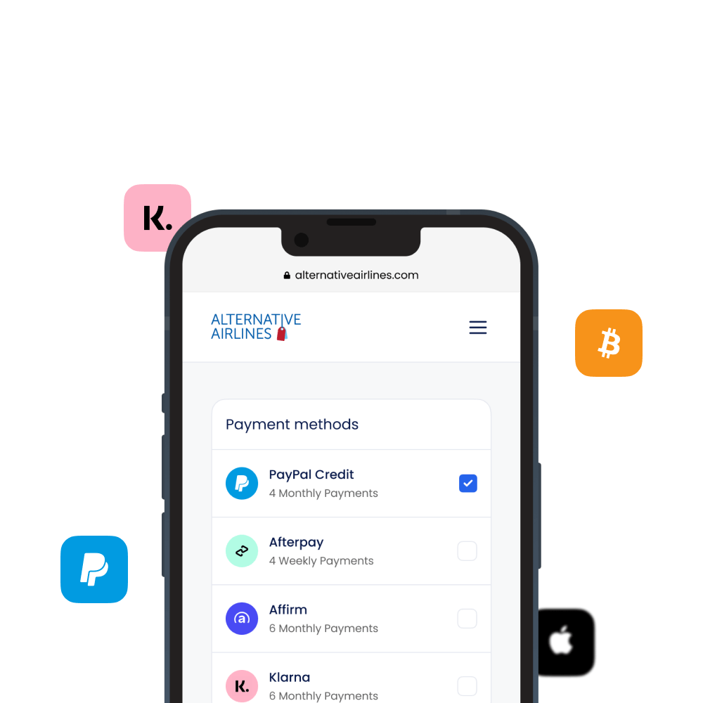 Mobile screenshot showing different payment methods at checkout