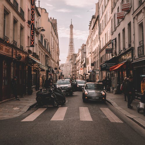 Road in Paris with Eiffel Tower in background