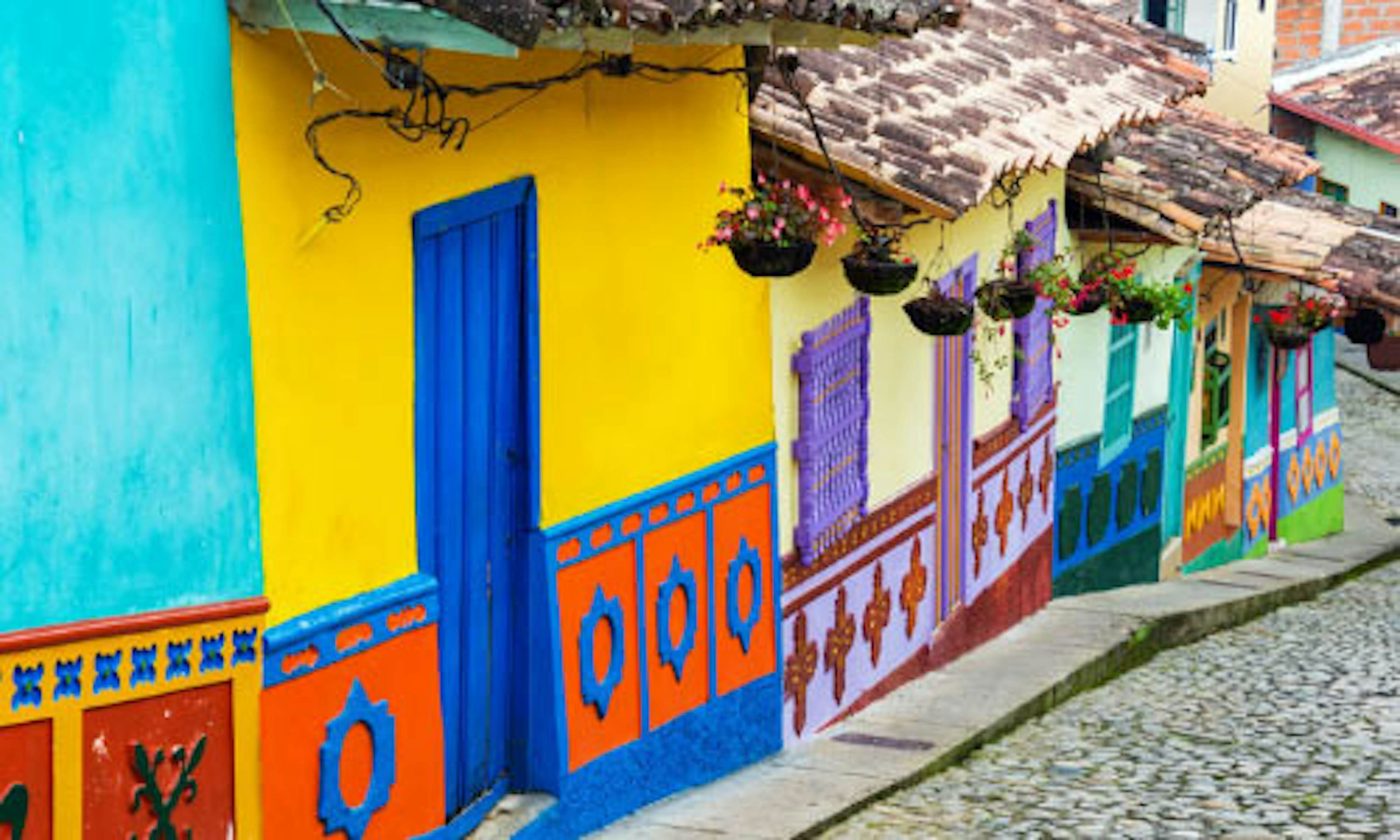 A street view depicting the colours of traditional homes in Bogata, Colombia, in vivid bright yellows, reds, greens and blues. The short buildings have red tiles and hanging plant pots