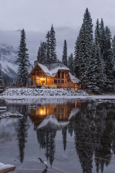 Wooden house by a lake in Emerald Lake, Canada